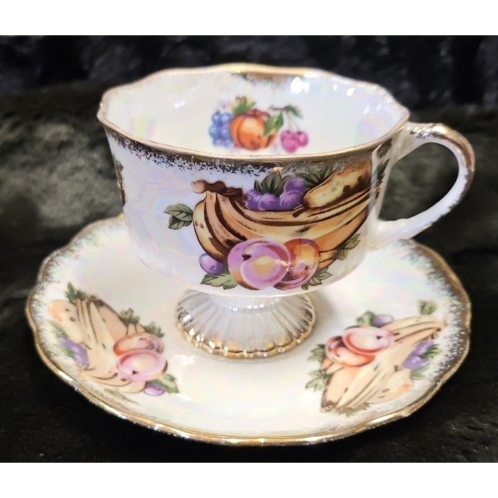 Lusterware Handpainted Fruit with gold finishings, footed cup and saucer set